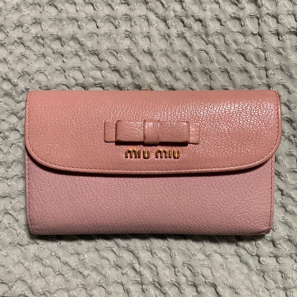Miu Miu Duo Toned Pink Madras Leather Bow Flap Kiss Lock Wallet